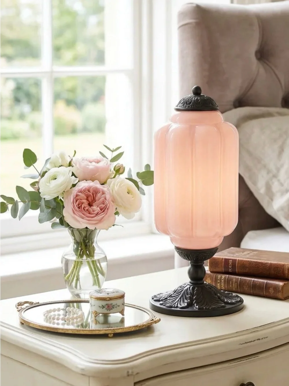 NEW Anthropologie The Eloise Scallop Milk Glass Table Lamp, Pink & Antique Black